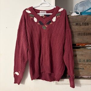 Vintage Hand-Embroidered Leaf Nature Burgundy Cable Knit Sweater Size XL